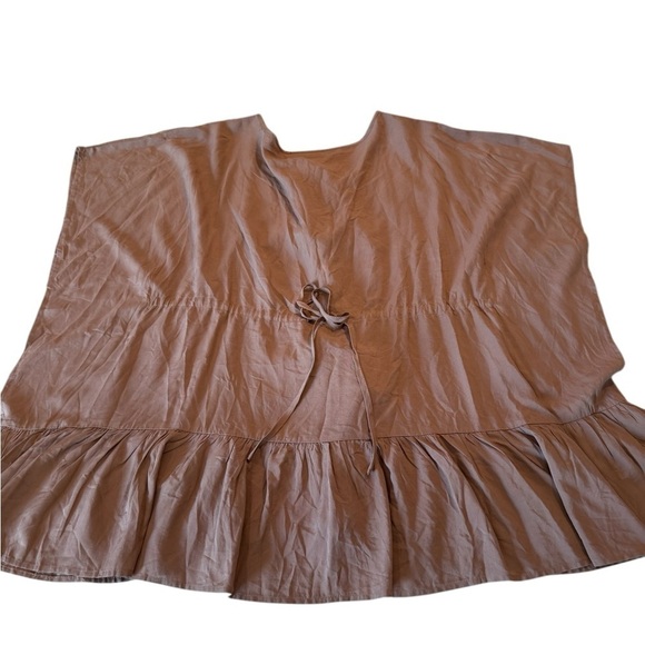 Tan Embroidered Lace Up Ruffle Bottom Boxy Batwing Top Cover Up Size S Boutique - Picture 14 of 15